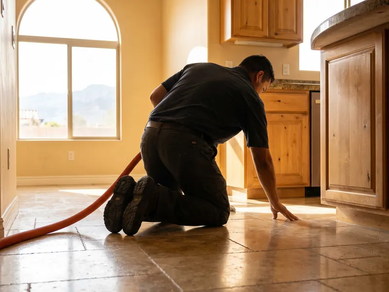 A trained technician inspecting grout lines on a travertine floor in a Summerlin home