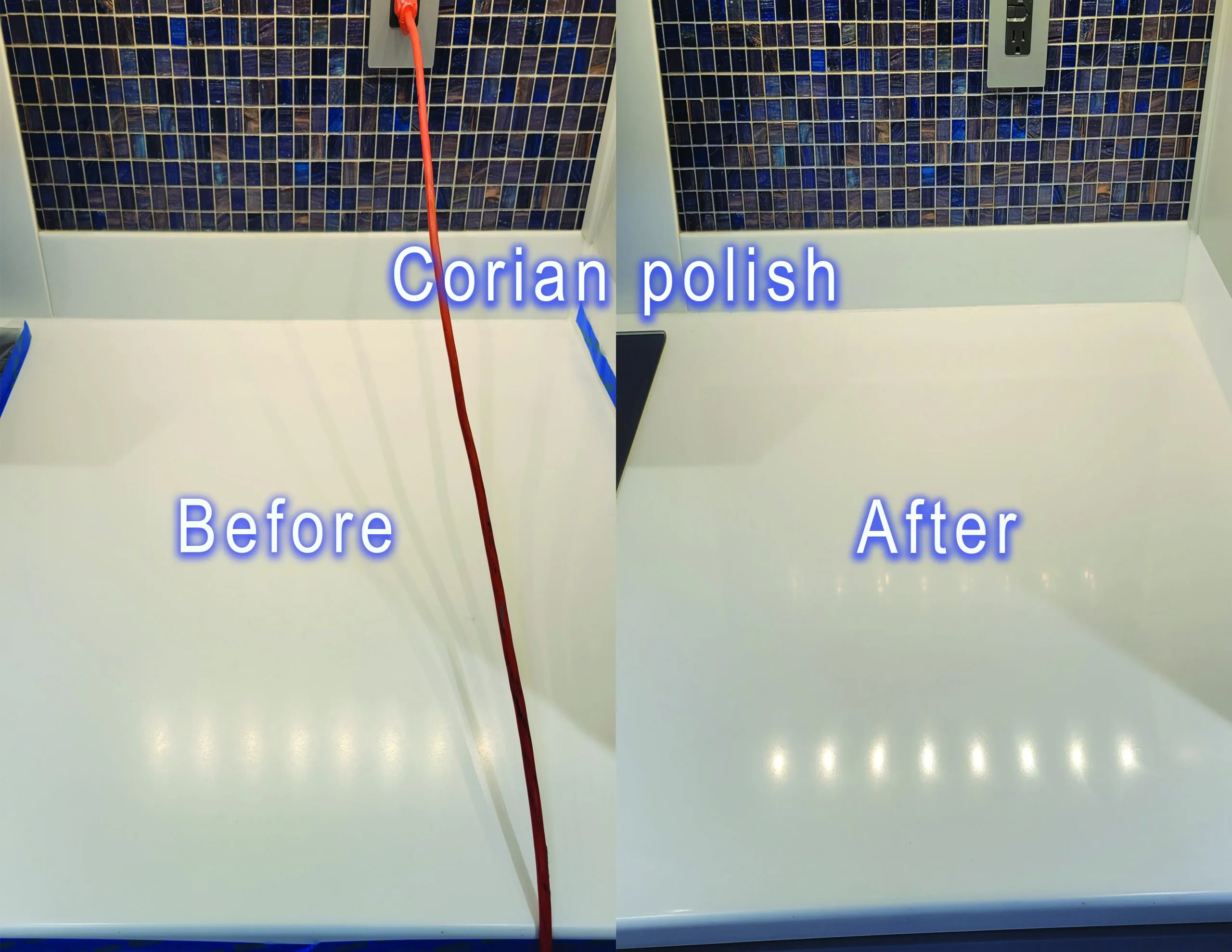 Before-and-after Corian countertop polishing in a kitchen with a blue mosaic backsplash