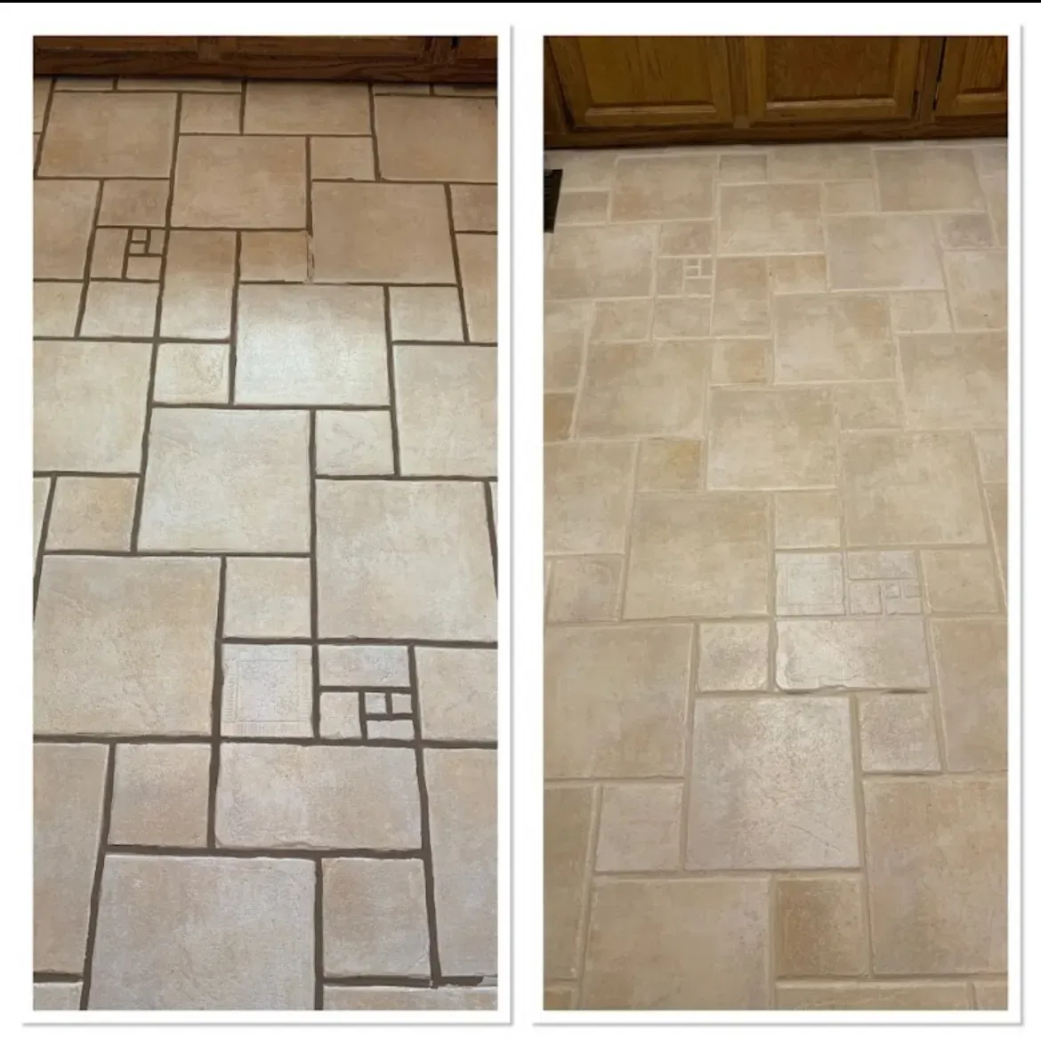 Before and after grout color sealing on a beige modular travertine-look tile kitchen floor