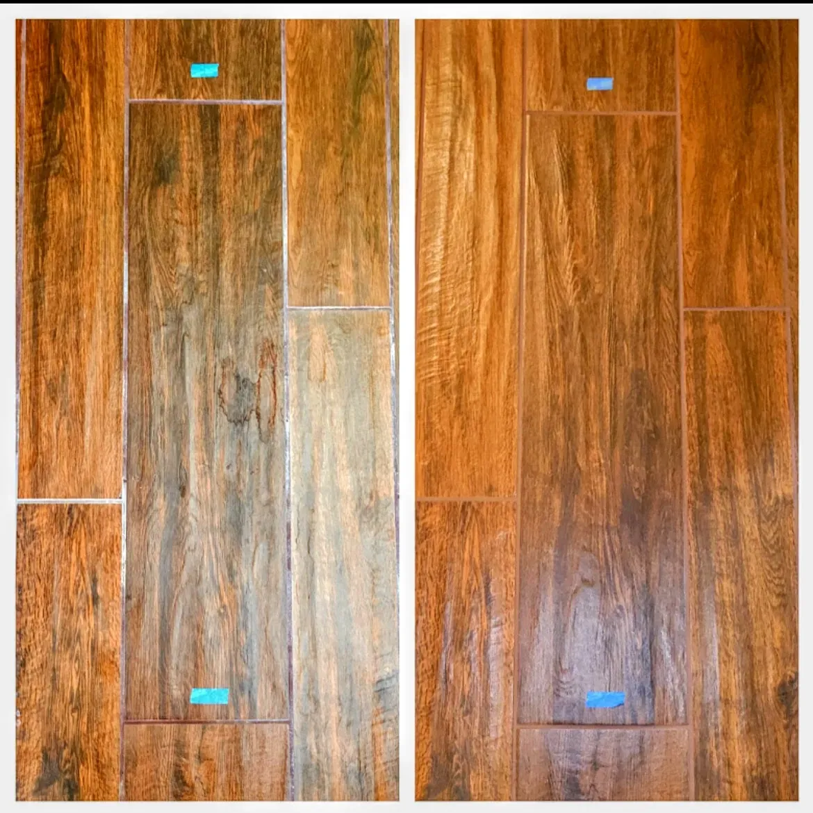 Before and after grout color sealing on brown wood-look plank tile flooring in a residential home