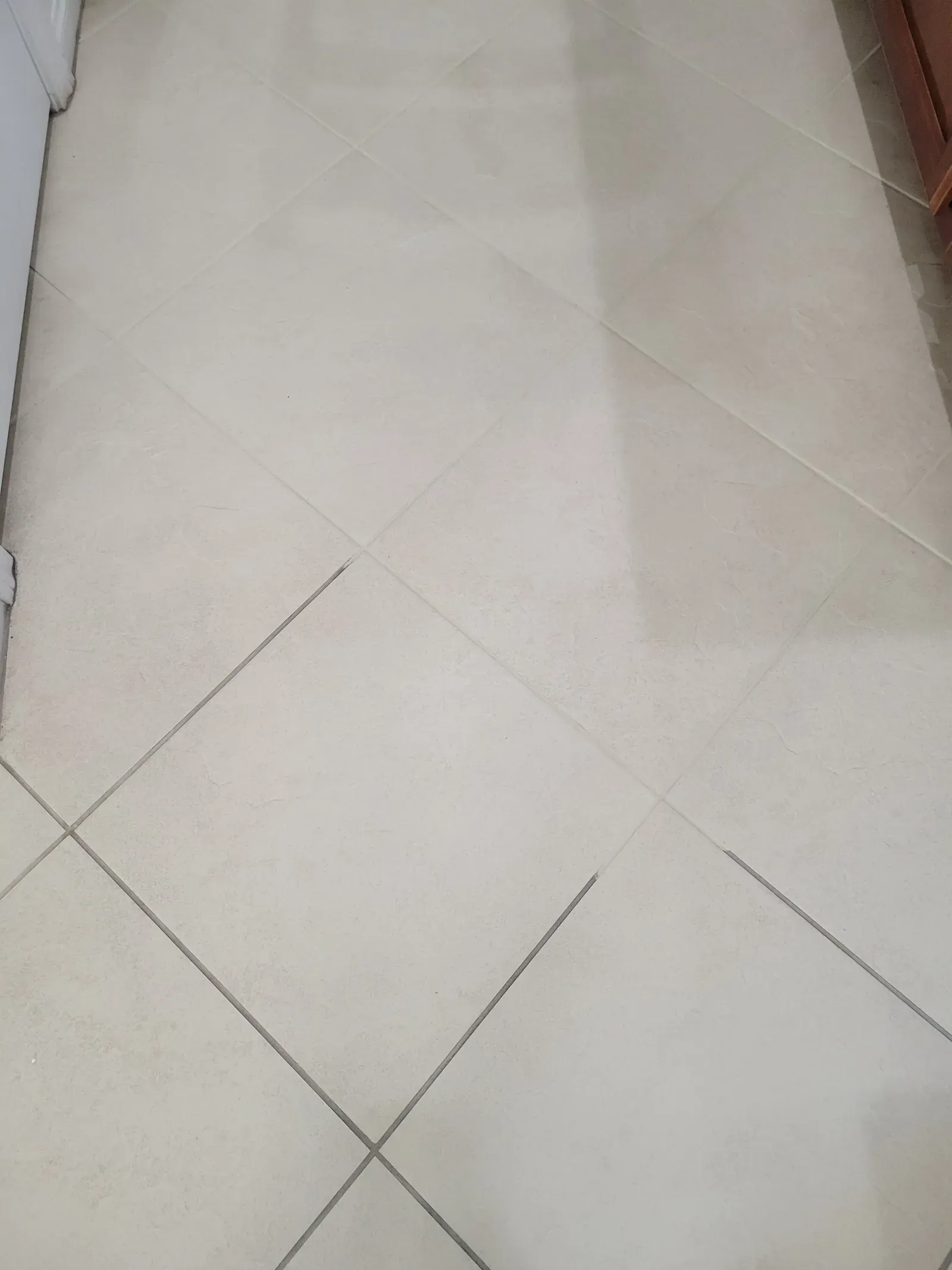 Diagonal cream tile floor with freshly color sealed grout lines in a residential home