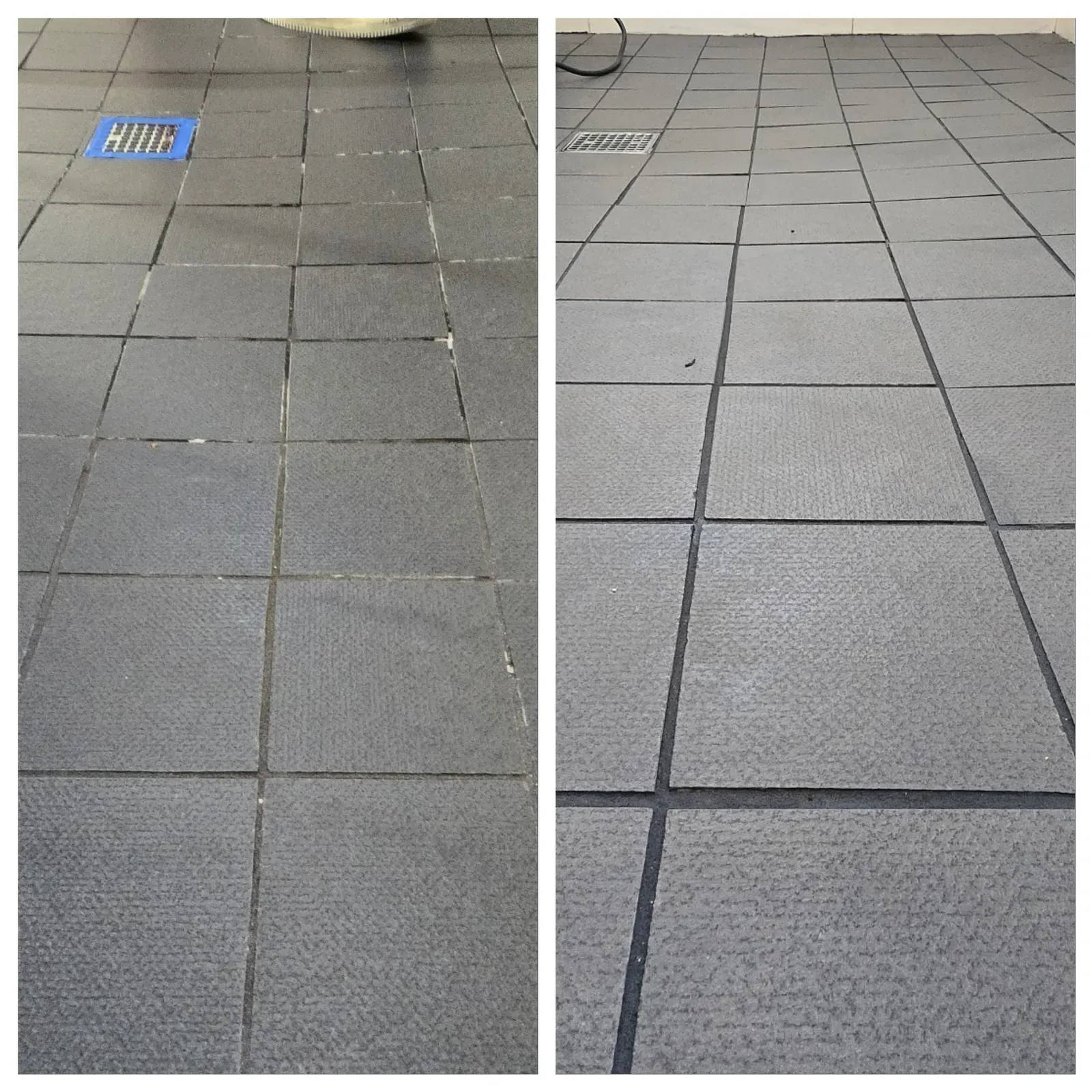 Before and after grout color sealing on a gray commercial quarry tile floor