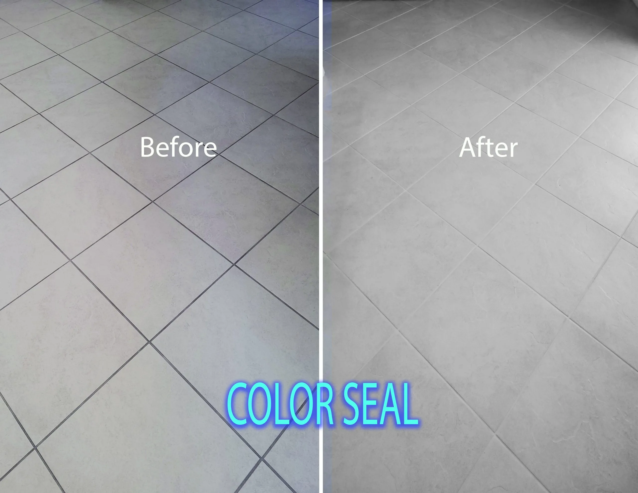 Before-and-after grout color sealing on a gray square tile kitchen floor
