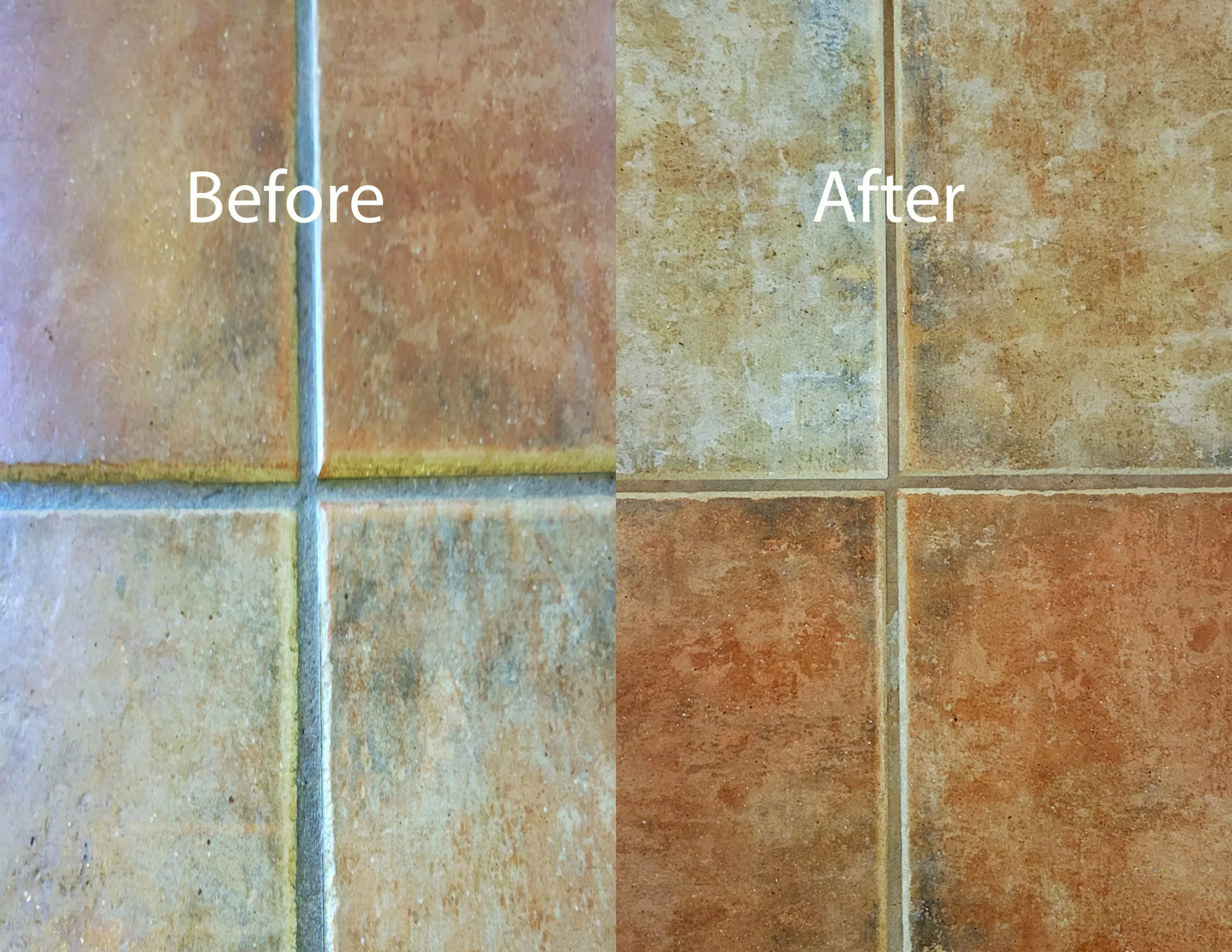 Before-and-after grout color sealing on a terracotta tile floor in a residential home