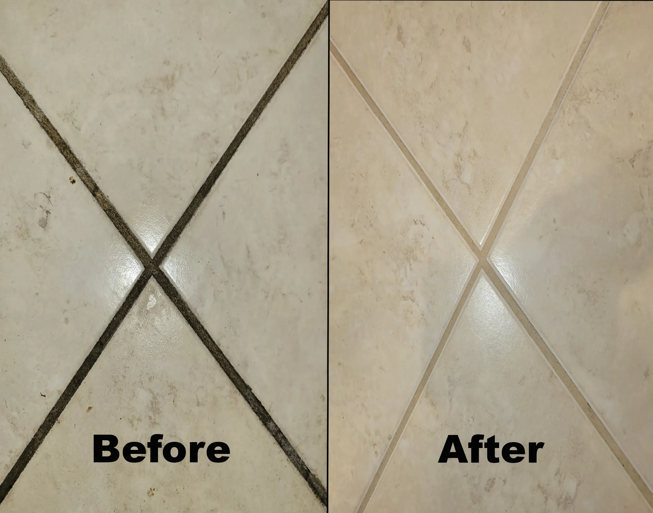 Extreme close-up of grout deep cleaning, blackened grout restored to bright white in a residential home