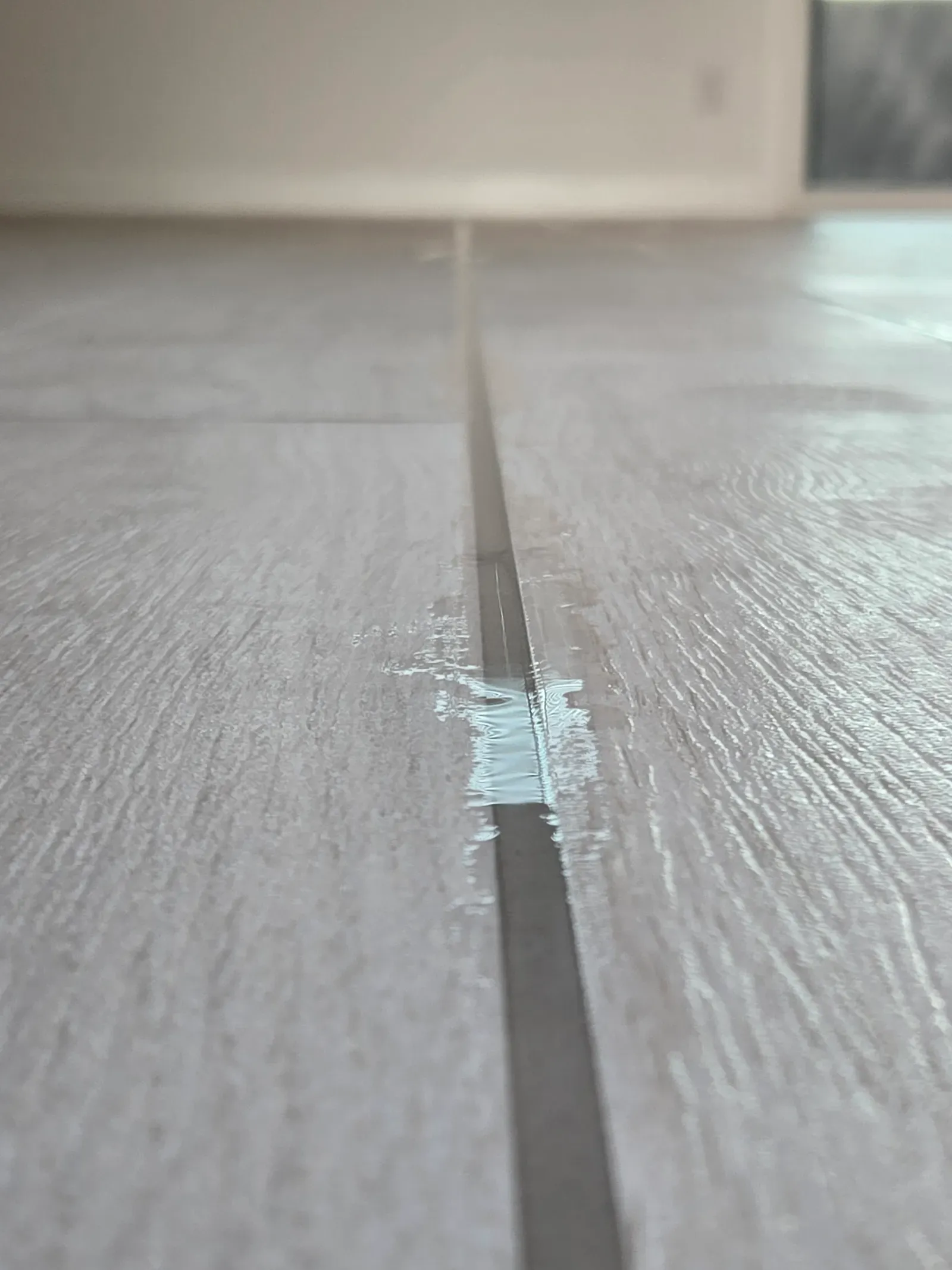 Close-up of clear grout sealer applied along a wood-look plank tile grout line in a residential home