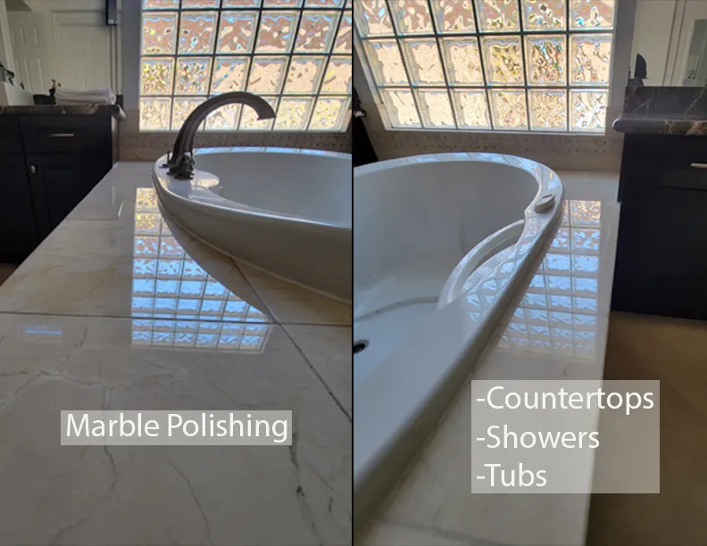 Marble polishing across bathroom countertops, showers, and tubs in a residential home