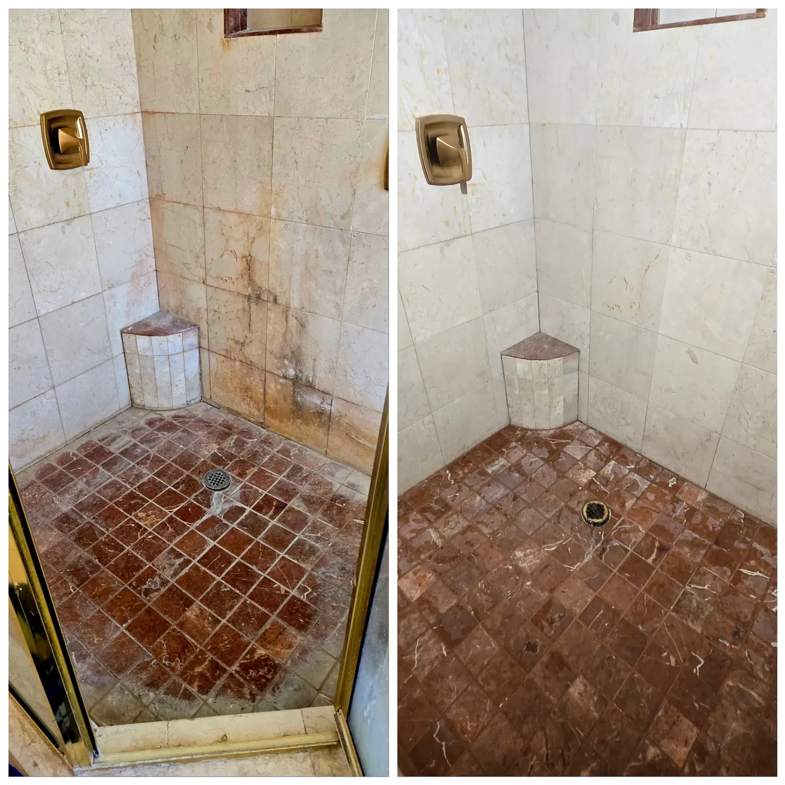 Before and after shower rejuvenation on a cream marble shower with a red stone tile floor