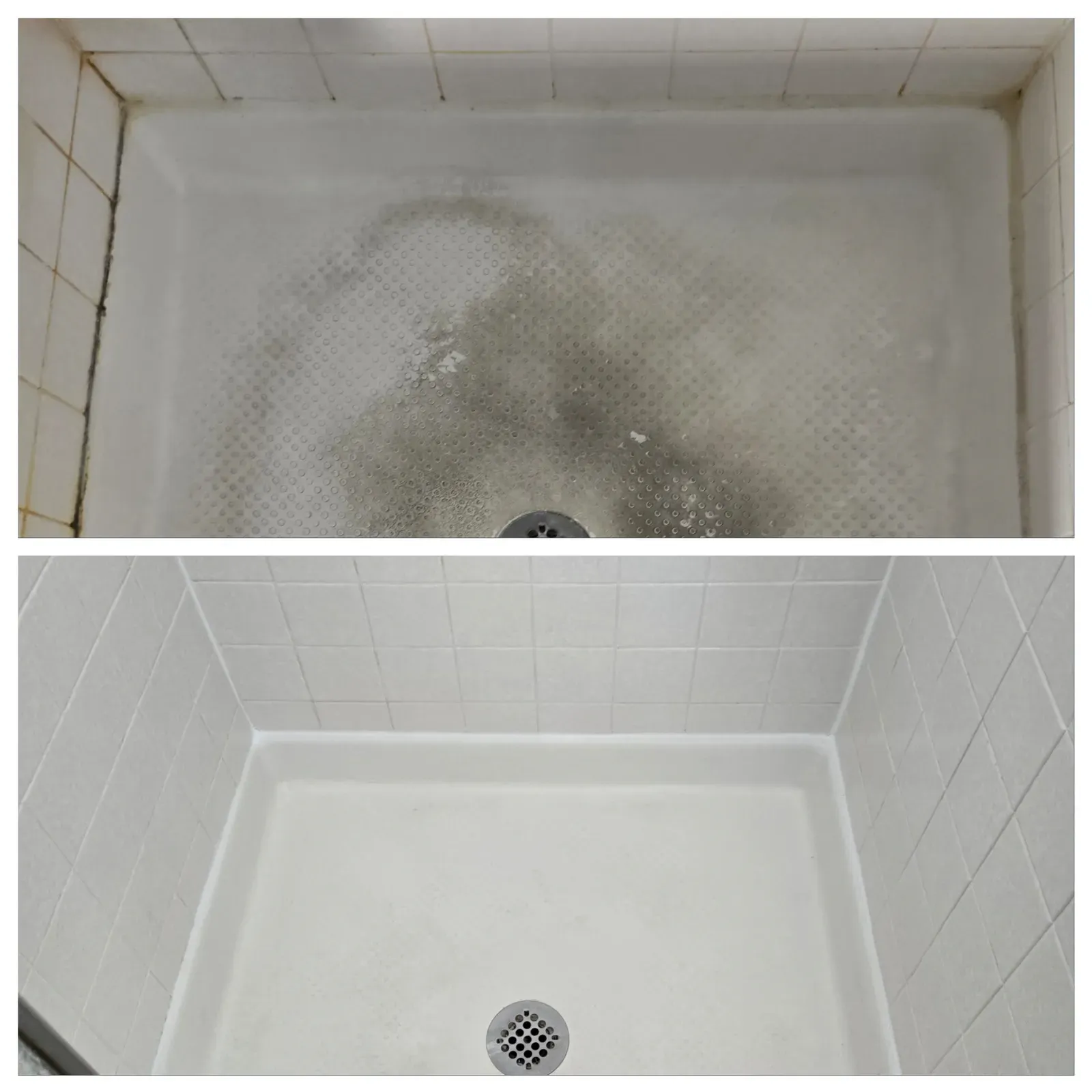 Before and after shower rejuvenation removing buildup from a white shower pan and tile