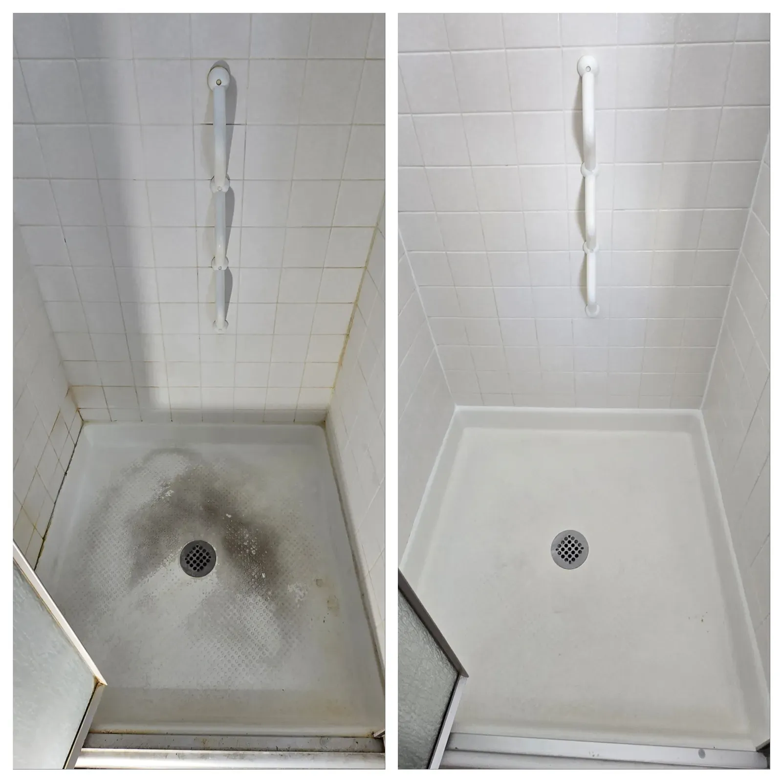 Before and after shower rejuvenation on a white tiled shower stall with a grab bar