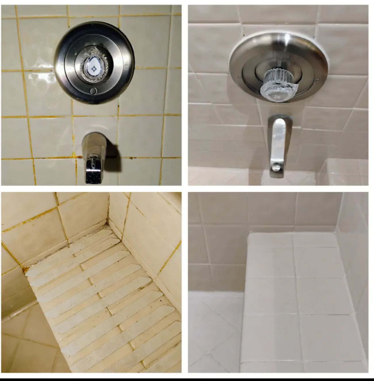 Before and after shower rejuvenation on shower fixtures, grout, and a tiled seat in a residential bathroom