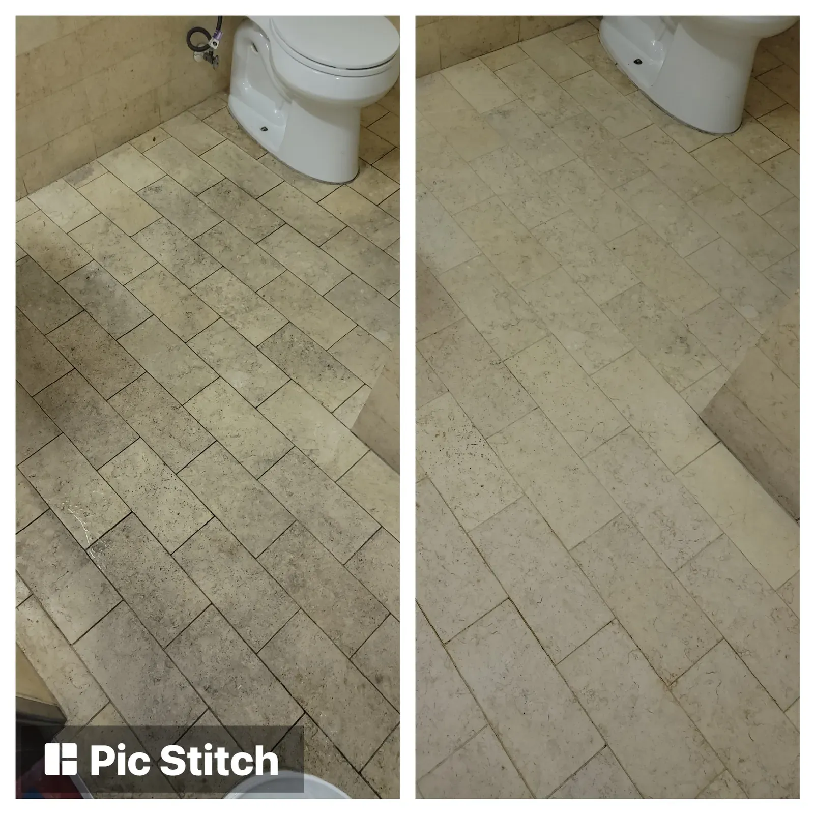 Before and after stone cleaning on a travertine bathroom floor in a residential home