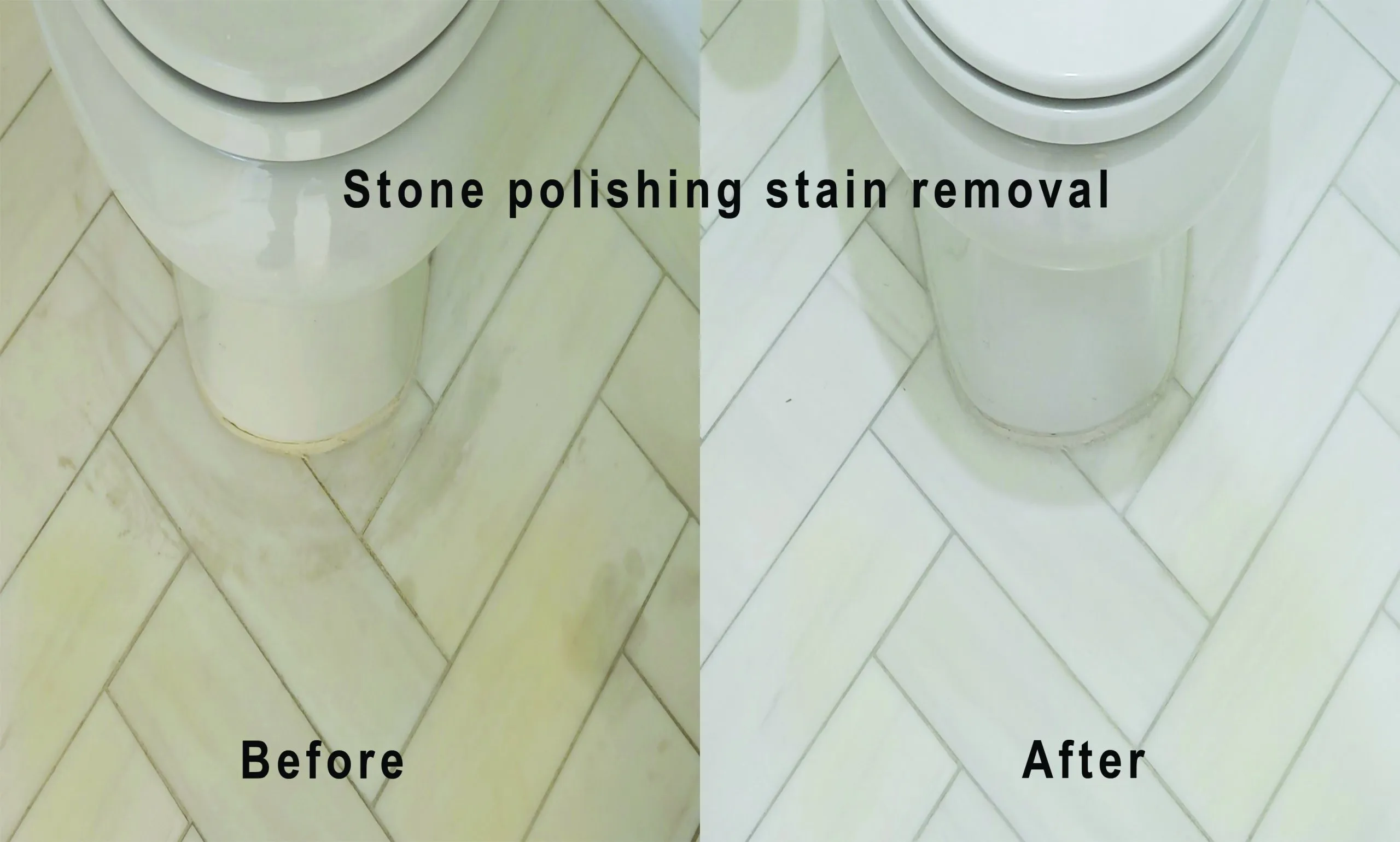 Before-and-after stone polishing and stain removal on a herringbone marble bathroom floor