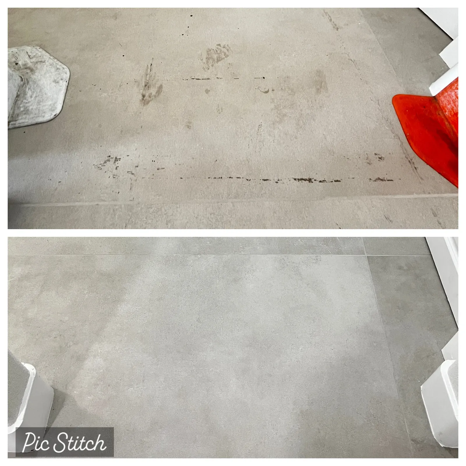 Before and after tile and grout cleaning on a large-format gray tile floor