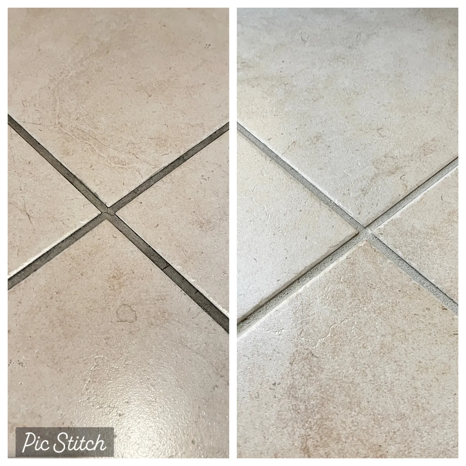 Before and after close-up of grout cleaning on a cream tile floor in a residential home