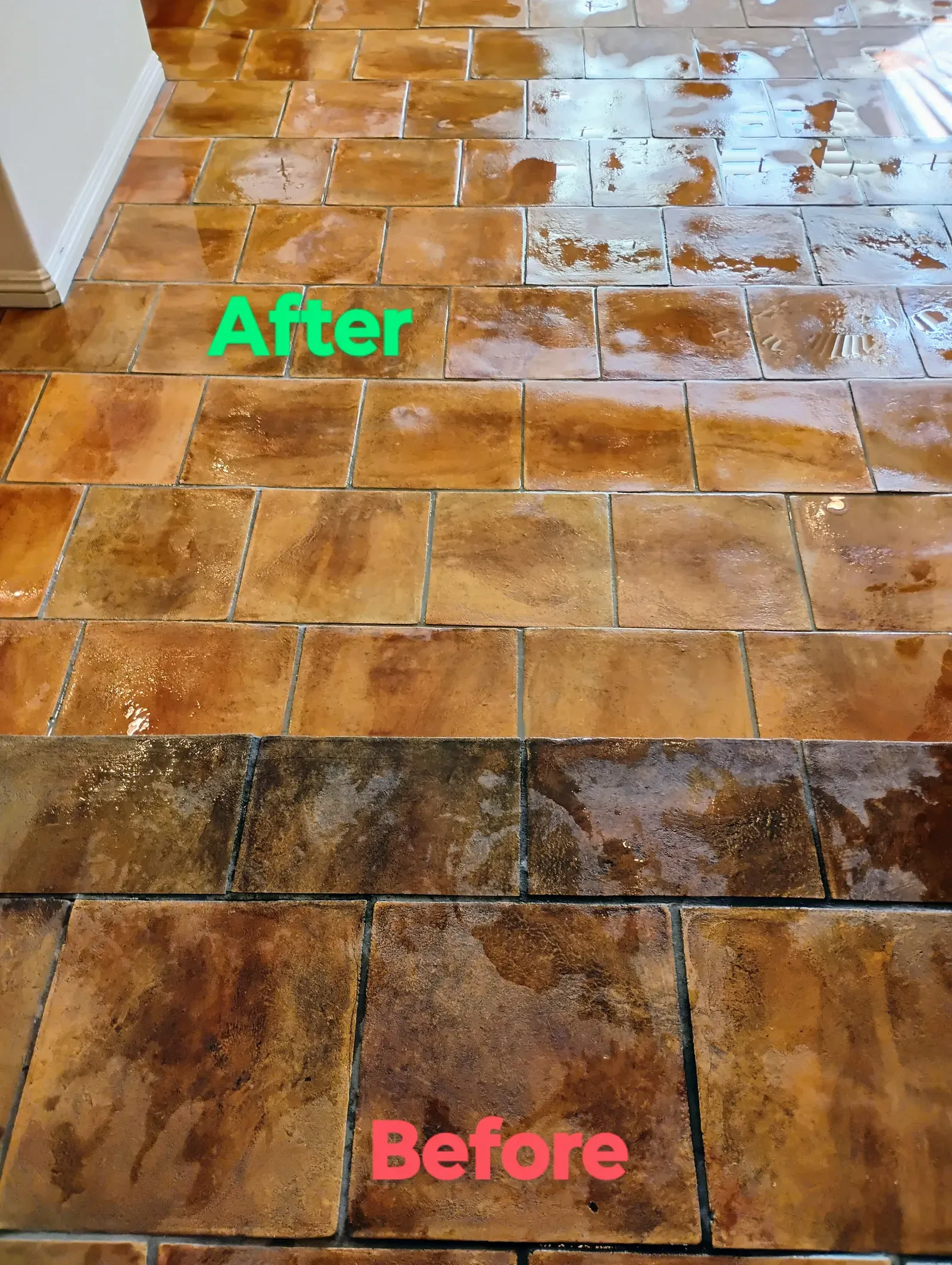 Before and after cleaning a glossy terracotta Saltillo tile floor in a residential home
