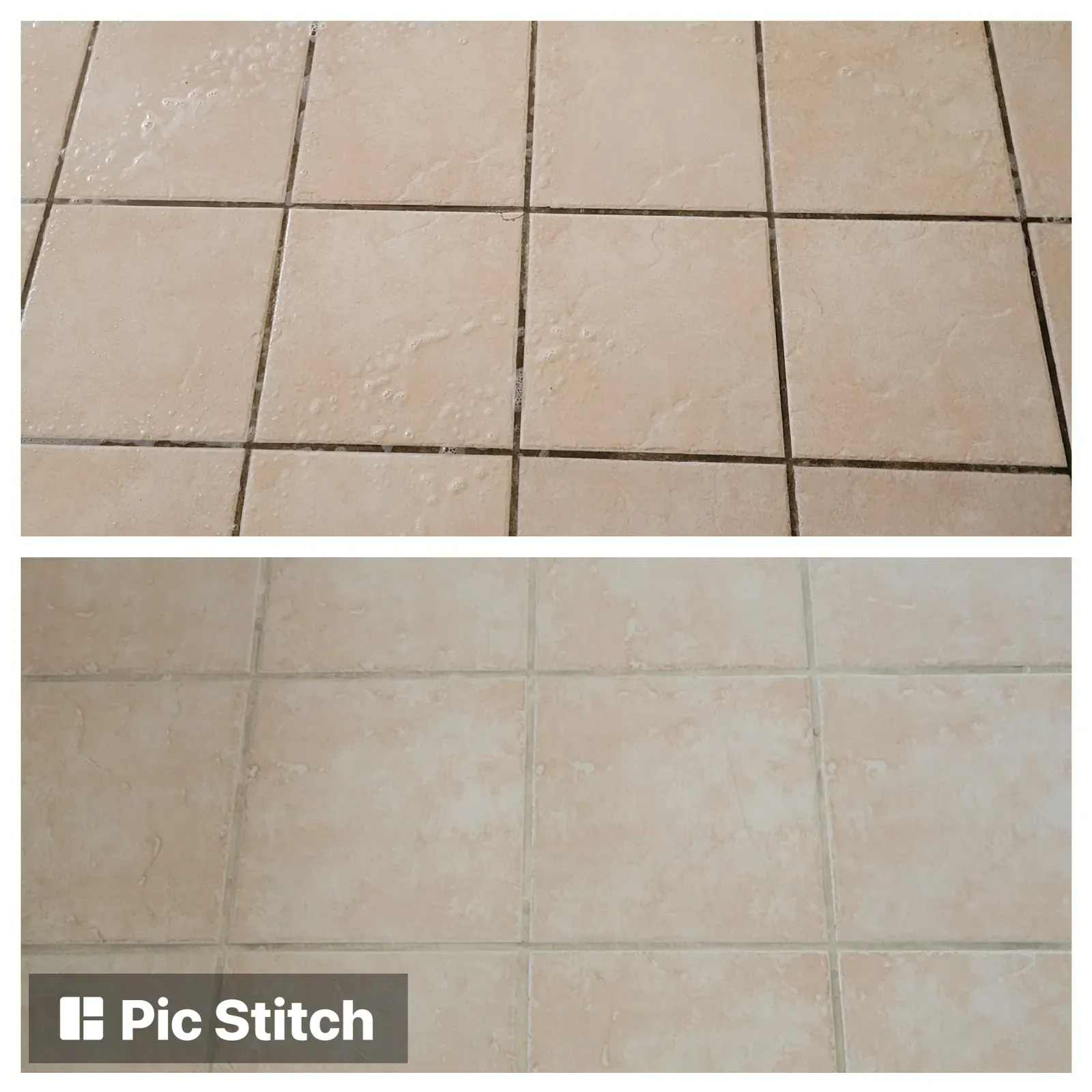 Before and after grout cleaning on a beige square tile floor in a residential home