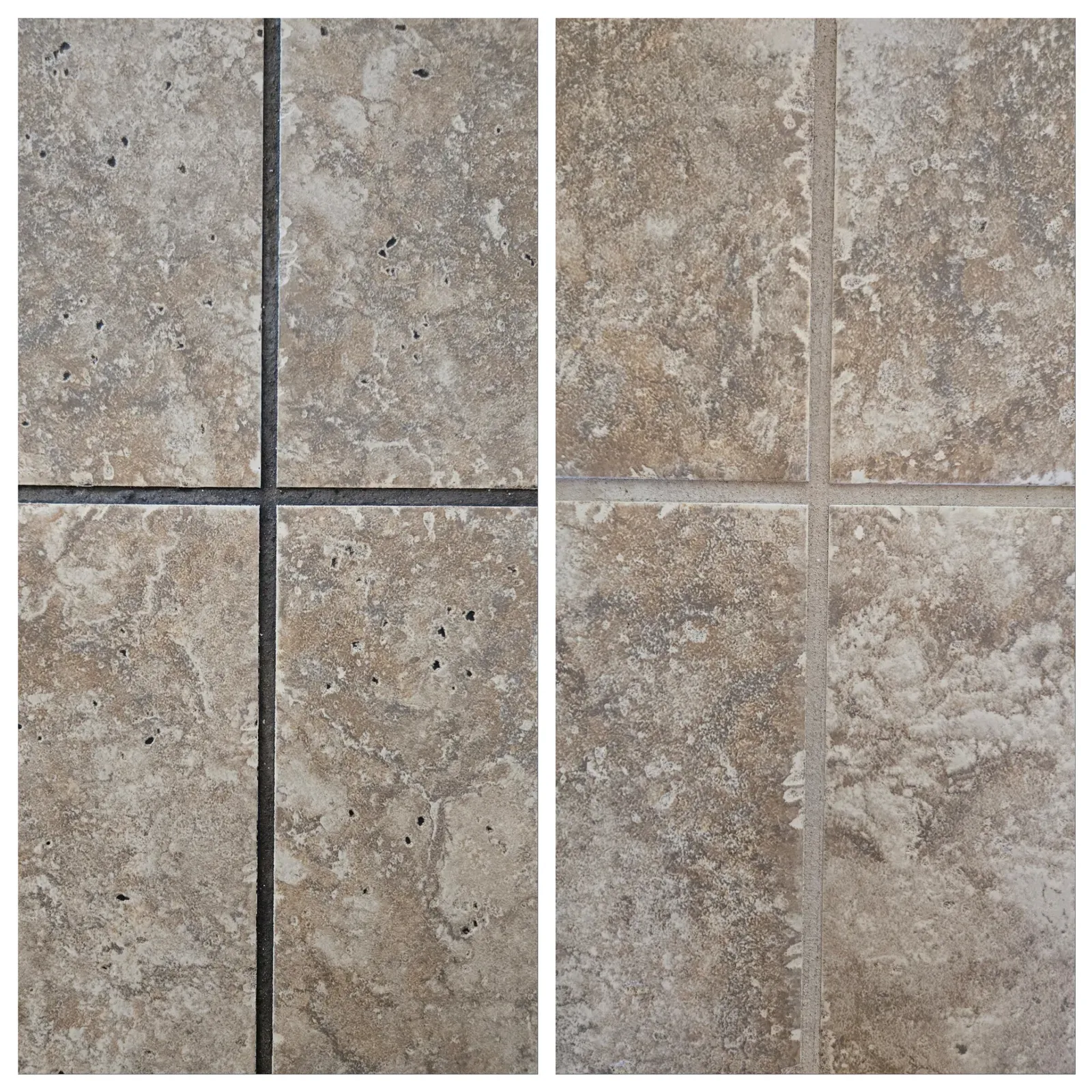 Before and after grout cleaning on a travertine-look tile floor in a residential home