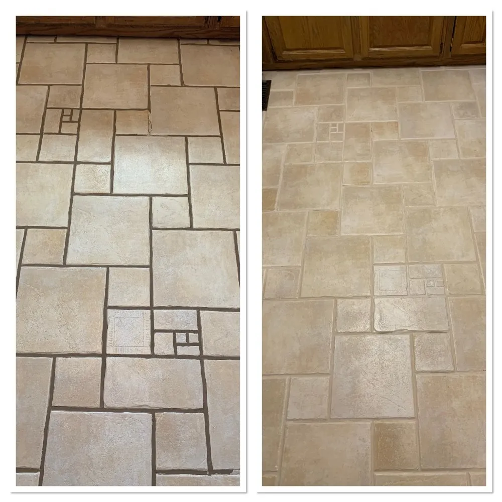 Before-and-after tile and grout cleaning on a beige patchwork kitchen floor