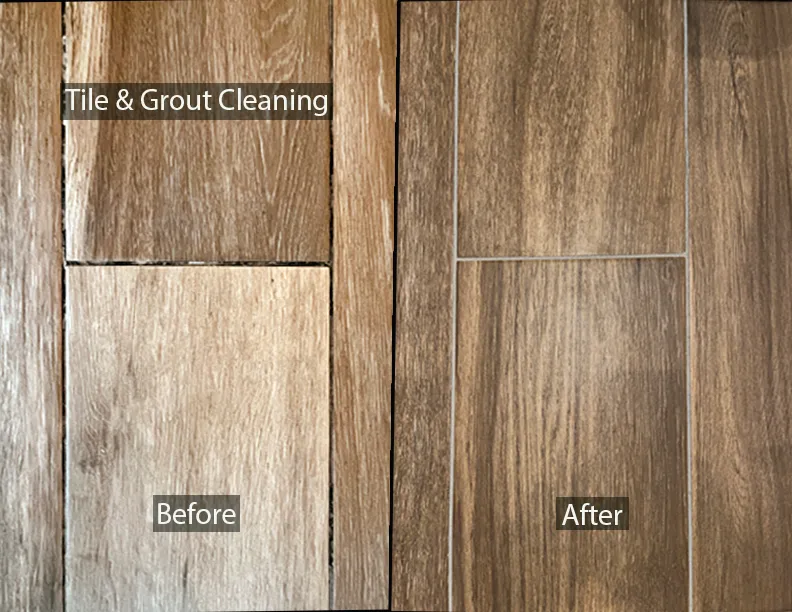 Before-and-after tile and grout cleaning on wood-look porcelain plank flooring in a residential living room
