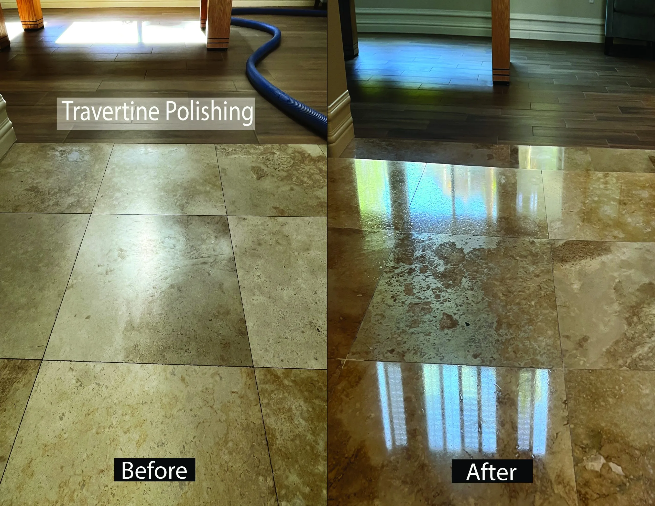 Before-and-after travertine polishing showing a dull floor restored to a mirror finish in a residential living room